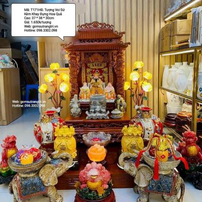 TƯỢNG VOI SỨ KÈM KHAY ĐỰNG HOA QUẢ